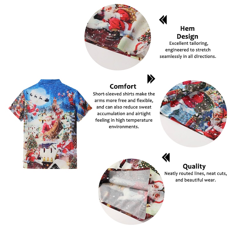 Men's Santa Claus Shirt Short Sleeve Shirt Turndown Christmas Street 3D Print Black Black / Red Red Blue Blue+Blue Print Button-Down Clothing Apparel Fashion Designer Casual Breathable3