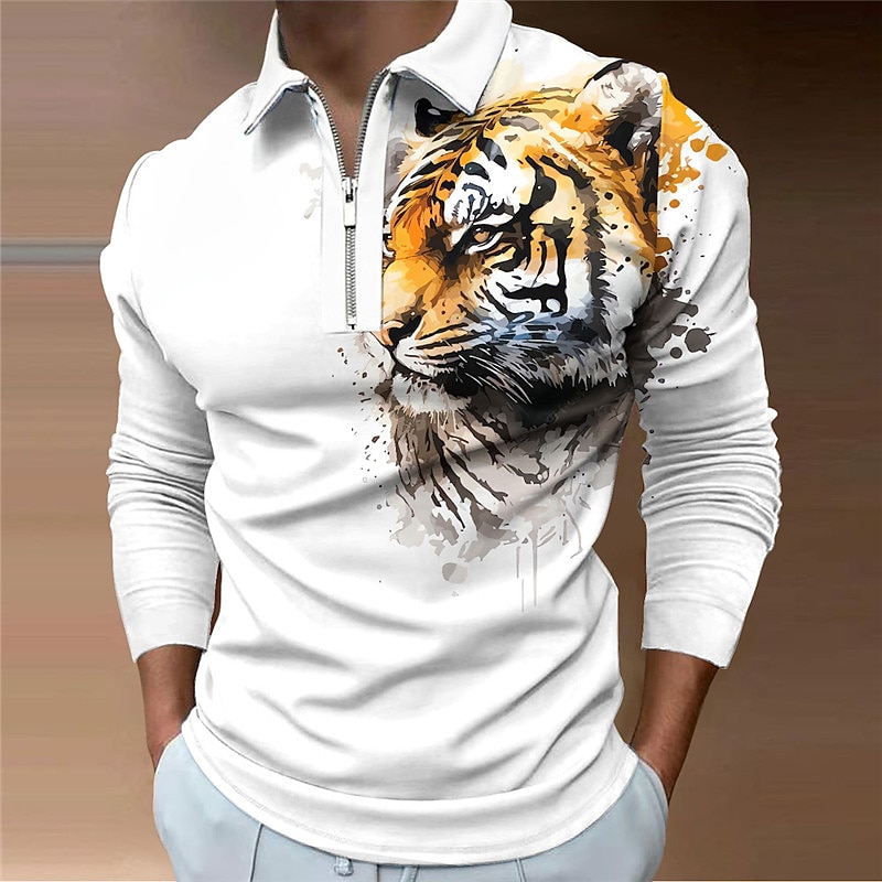 Men's Tiger Zip Polo Shirts Golf Shirt Long Sleeve Polo Shirts Collared Shirts Casual Funny Vacation Wear Party Outfits 3D Print Quarter Zip Polo Fall & Winter Yellow Gray2