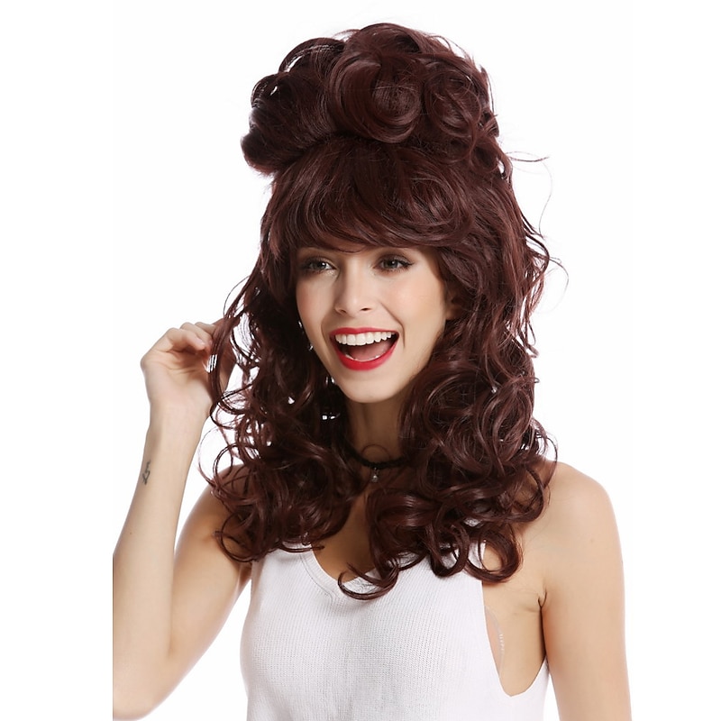 Lady Wig Baroque 60s Beehive Retro Bun Curly Long Mahogany Reddish Brown Pop Singer Halloween Wigs2