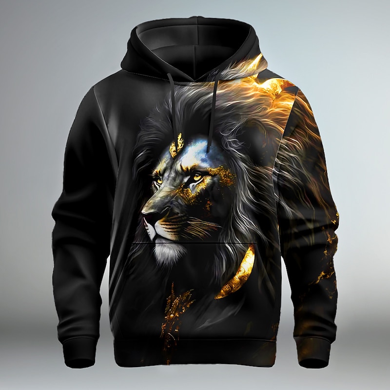 Men's Graphic Lion Textured Hoodie Hoodies Sweatshirt Fashion Daily Long Sleeve Hooded Christmas Vacation Going out Black Red Print Front Pocket Spring &  Fall Designer