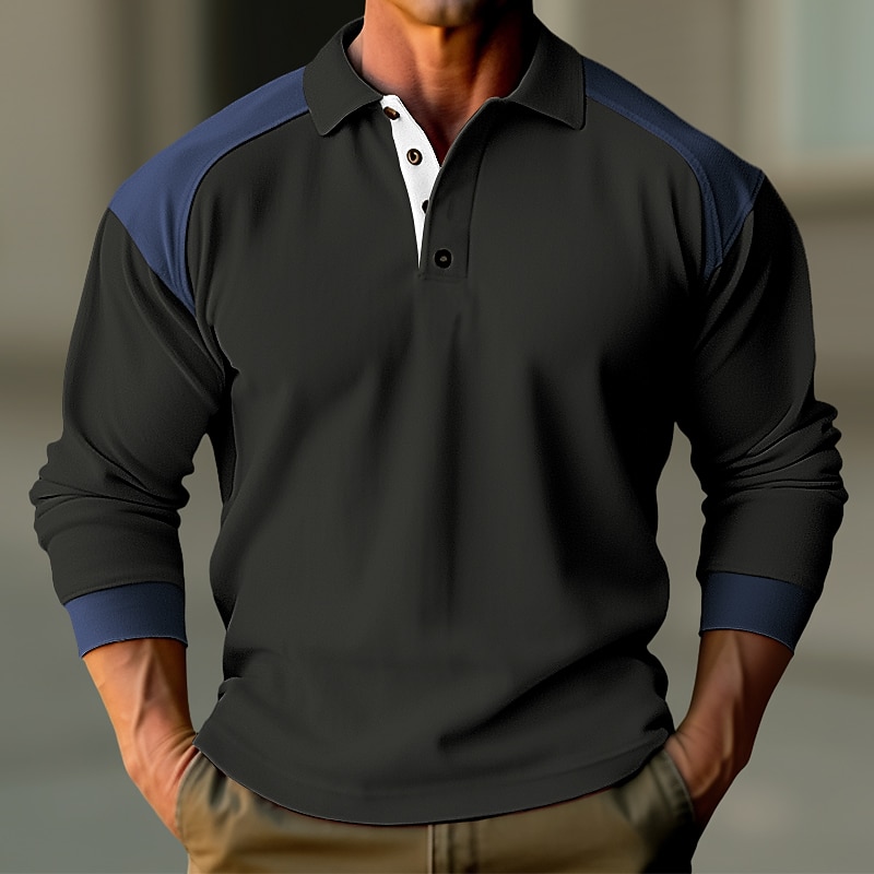 Men's Polo Shirt Button Up Polos Casual Holiday Classic Long Sleeve Fashion Basic Color Block Quick Dry Summer Regular Fit Black White Dark Navy Orange Polo Shirt4
