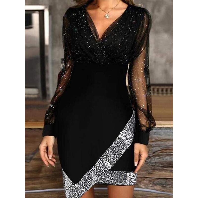 Women's Mini Dress Black Dress Sequin Dress Party Dress Cocktail Dress Fashion Party Modern Formal Winter Dress Vacation Regular Fit Pure Color Long Sleeve V Neck Black Wine Spring Fall Winter Autumn