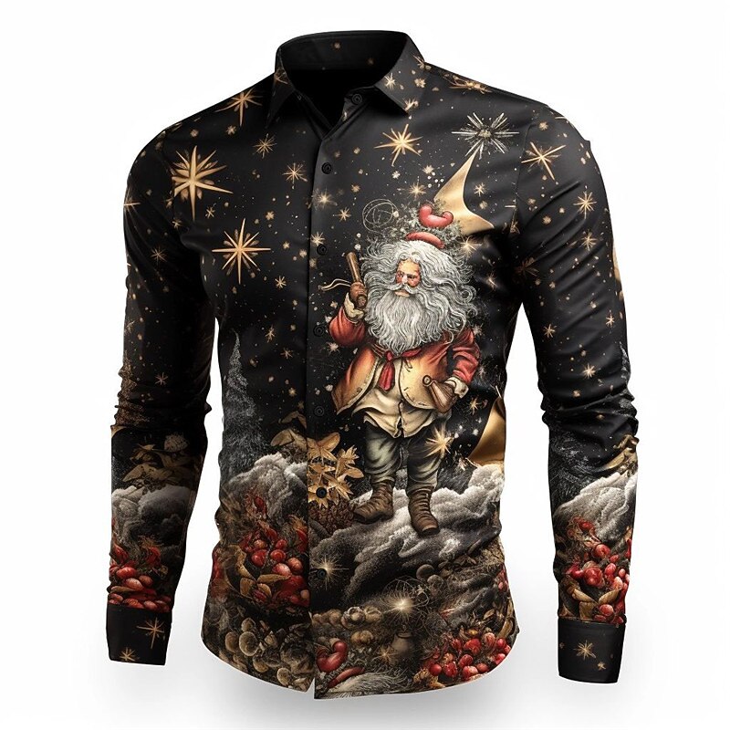Christmas Men's Santa Claus Printed Shirts Santa Claus Casual Daily Wear Going out Fall & Winter Turndown Long Sleeve Black, Burgundy, Gold S, M, L 4-Way Stretch Fabric Christmas2