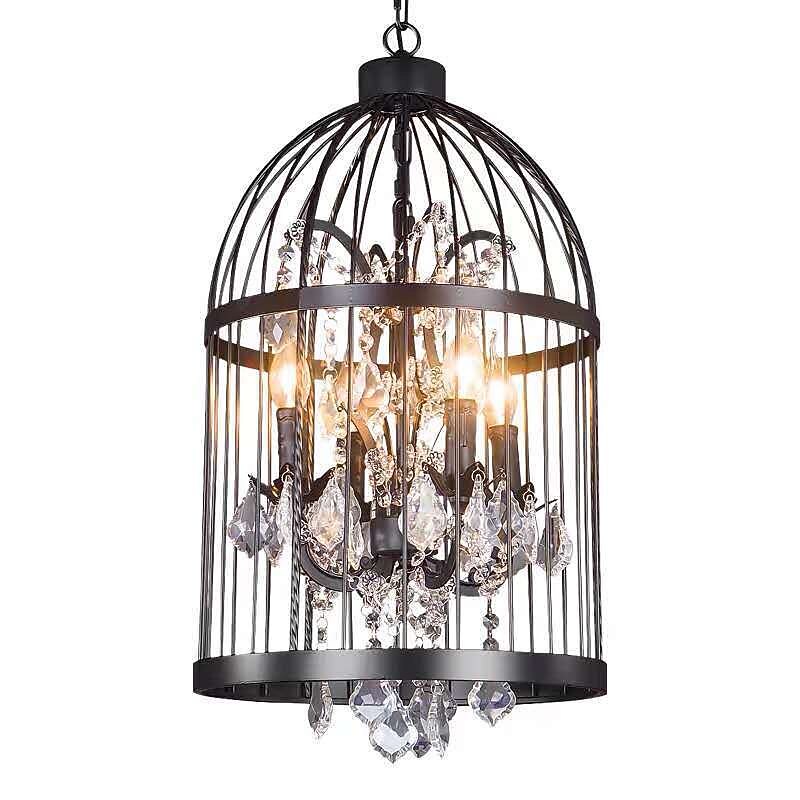 Industrial 13.78" 4 Lights Pendant Retro Chandelier Vintage Ceiling Light lamp Bird Cage Shaped Bedroom Pendant Hanging Lighting Fixture with Crystal Accent in Black Finish2