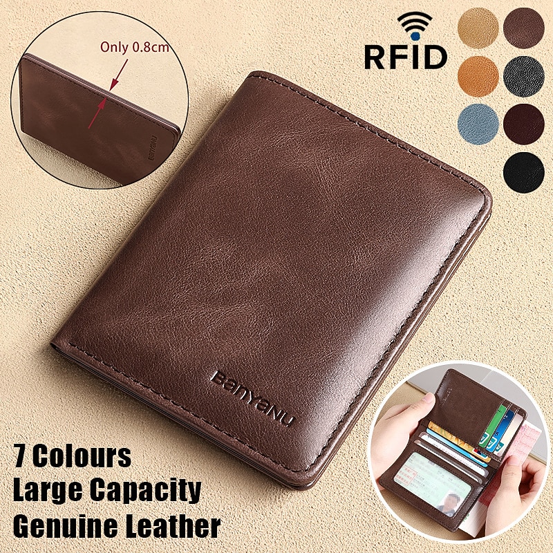 Men's Brown RFID Blocking Leather Bifold Wallet with ID Window and Multiple Card Slots, Slim Anti-Theft Wallet for Business, Travel and Everyday Use
