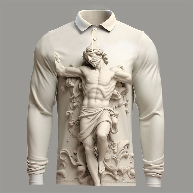 Men's Christian Polo Shirts Golf Shirt Long Sleeve Polo Shirts Collared Shirts Casual Vacation Wear Party Outfits 3D Print Buttons Fall & Winter Khaki