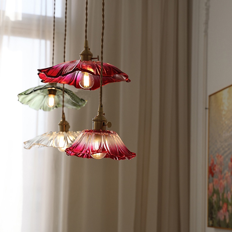 Glass Pendant Light Kitchen Island Lighting Fixture, Purple Flower Glass Shade Style Drop Ceiling Lamp, Dining Room Bedroom Bar Rustic E27 Hanging Chandelier2