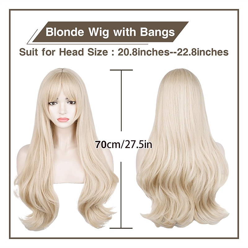 Long Blonde Wavy Wig for Women with Bangs 70s 60s Big Wavy Curly Cosplay Costume Wig for Halloween Party2