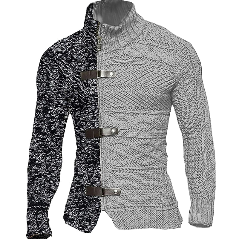 Men's Cardigan Sweater Chunky Cardigan Cropped Sweater Cable Knit Regular Zipper Button Color Block Stand Collar Vintage Warm Ups Casual Daily Wear Clothing Apparel Raglan Sleeves Fall Winter Black - Main Image