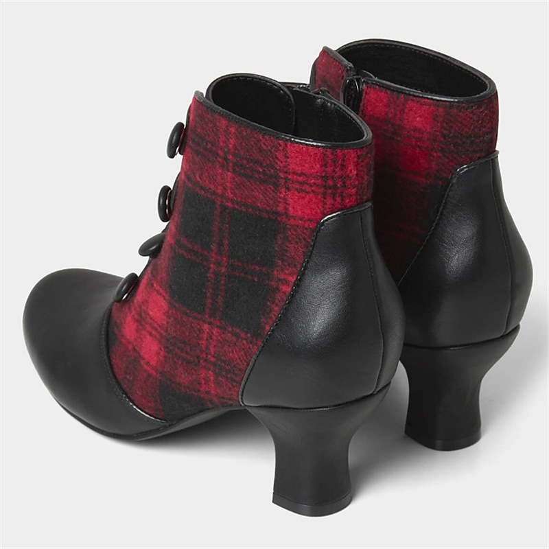 Women's Victorian Plaid Button Ankle Boots – Retro Heeled Booties with Side Zipper for Christmas Party and Holiday Gatherings4
