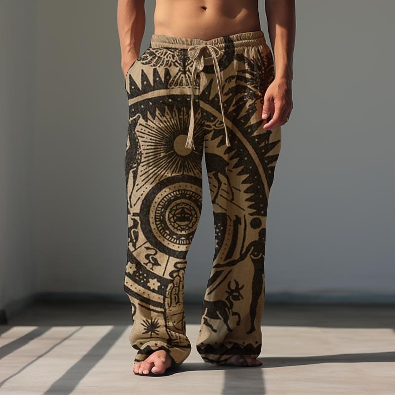 Ethnic Vintage Men's 3D Print Pants Trousers Outdoor Street Going out Polyester Brown Green Khaki S M L Mid Waist Elasticity Pants