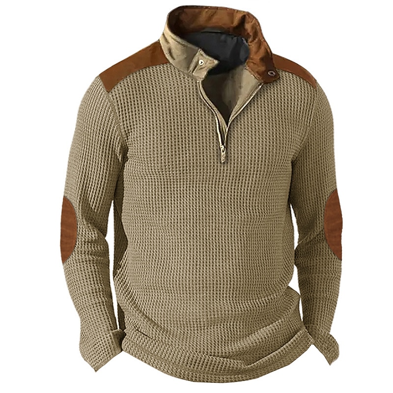 Men's Waffle Shirt T Shirt Tee Top Long Sleeve Shirt Long Sleeve Standing Collar Spring &  Fall Color Block Fashion Designer Basic Patchwork Vacation Street Going out Black Navy Blue khaki Top Tee