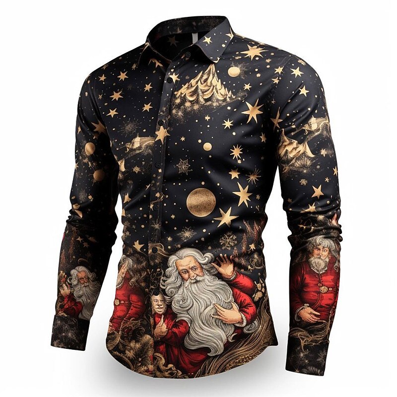 Christmas Men's Santa Claus Printed Shirts Santa Claus Casual Daily Wear Going out Fall & Winter Turndown Long Sleeve Black, Burgundy, Gold S, M, L 4-Way Stretch Fabric Christmas