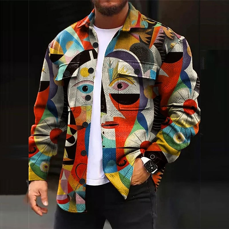 Men's Abstract Shirt Shirt Jacket Overshirt Long Sleeve Artistic Abstract Outdoor Street Casual Daily Fall & Winter Turndown Buttons Pocket Print Red Green