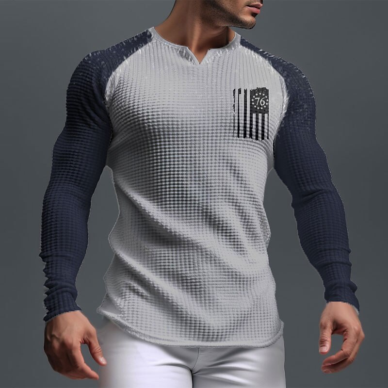 Men's Graphic 1776 National Flag Waffle Shirt T Shirt Raglan T Shirt Long Sleeve T shirt 3D Print V Neck Shirt Sports Daily Casual Sports Outdoor Holiday Going out Black White Navy Blue Spring & Fall2