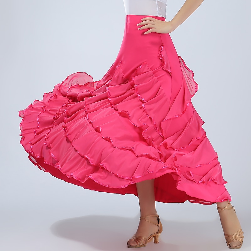 Ballroom Dance Skirts Ruffles Pure Color Splicing Women's Performance Training High Spandex