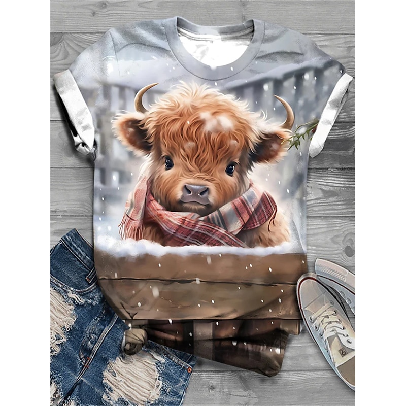 Women's T-Shirt Unisex Highland Cow Print Scarf Winter Theme Round Neck Short Sleeve Casual Wear Soft Fabric Standard Fit Animal Graphic Tee