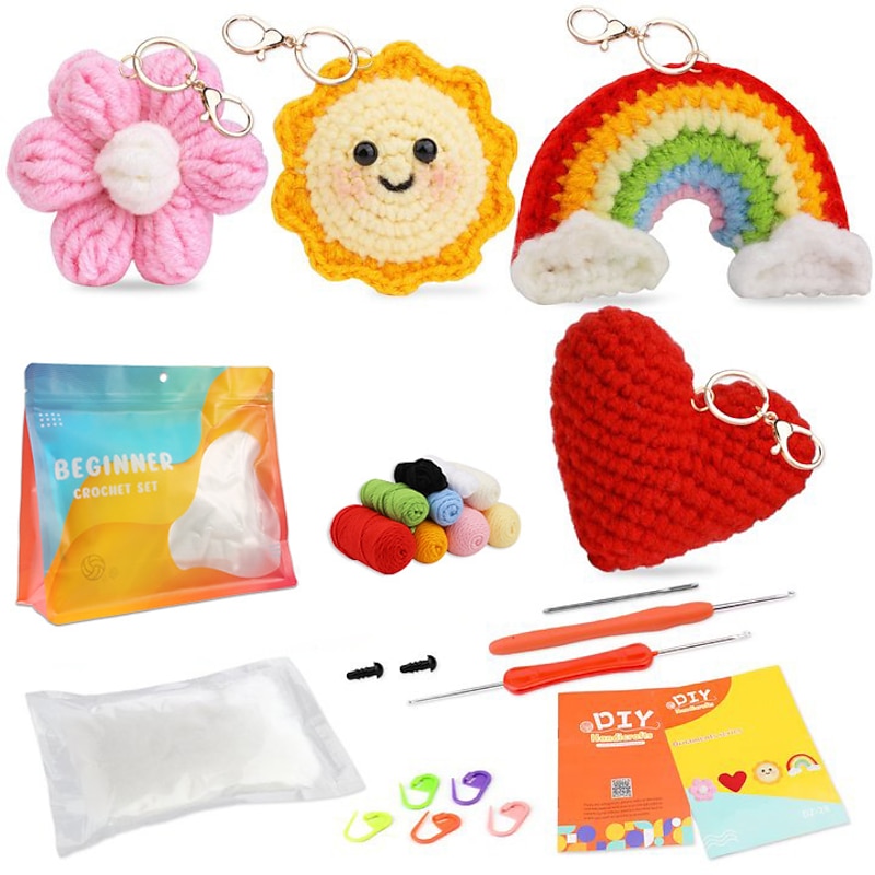 Crochet Kit for Beginners, Beginner Crochet Starter Kit with Step-by-Step Video Tutorials, Beginner Crochet Kit for Adults Kids, Knitting Kit for Beginners Cute Sun Rainbow Star Moon Love Pendant Handmade Woolen Crochet Material Bag3