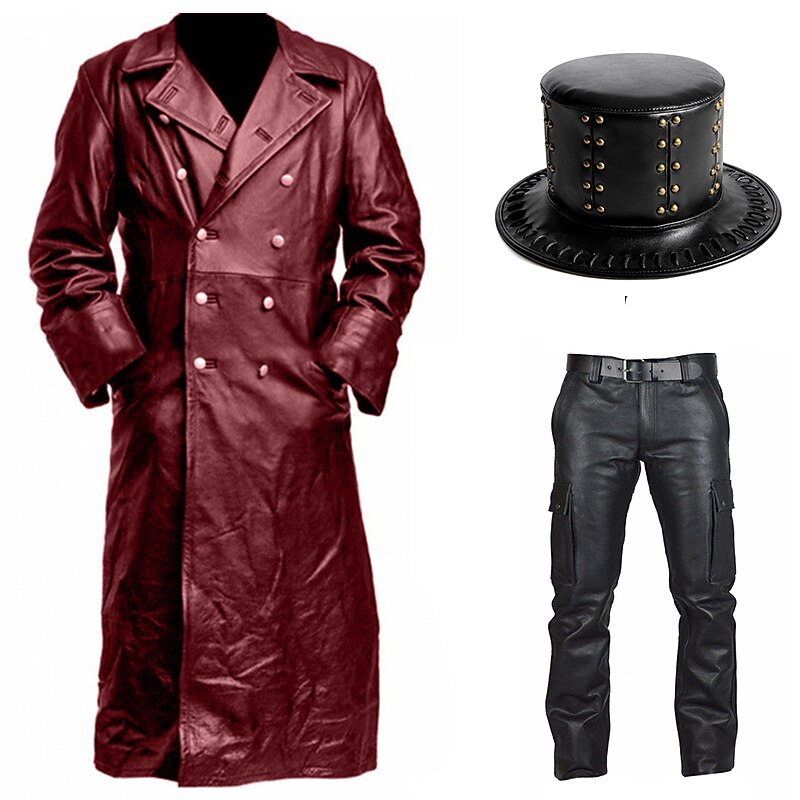 Set with PU Leather Trench Coat Straight Leg Motorcycle Pants Top Hat Punk Gothic Medieval Steampunk Plague Doctor Men's Riders Bikers Casual Daily Cosplay Costume Carnival Fall Winter4
