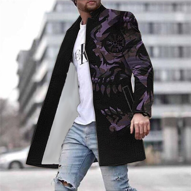 Men's Skull Graphic Prints Winter Coat Overcoat Coat Warm Comfortable Breathable Fashion Streetwear Cool Work Daily Wear Going out Pocket Print Fall & Winter Turndown Long Sleeve Purple Fuchsia Green3
