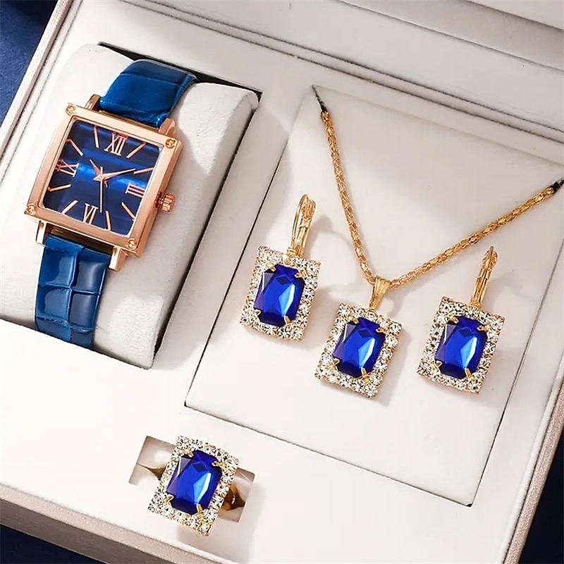 5pcs/set Women's Watch Vintage Square Pointer Quartz Watch Analog Green Wrist Watch & Rhinestone Jewelry Set, Gift For Mom Her3