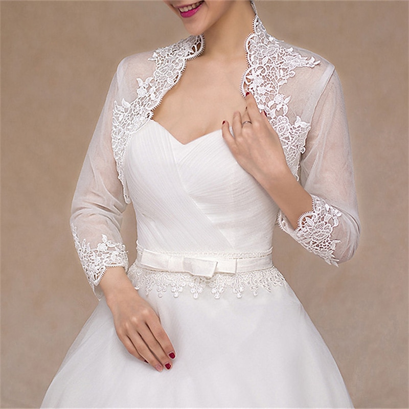 Shawls Women's Wrap Bolero Elegant Bridal 3/4 Length Sleeve Lace Wedding Wraps With Flower For Wedding Spring & Summer2