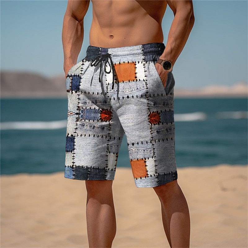 Men's Plaid Color Block Patchwork Sweat Shorts Beach Shorts Terry Shorts Mid Waist Casual Athleisure Daily Holiday Streetwear Drawstring Elastic Waist 3D Print Designer Clothing Apparel
