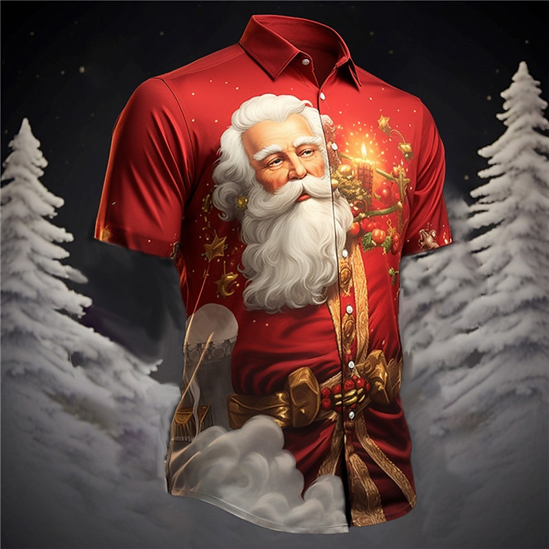 Christmas Men's Santa Claus Hawaiian Shirt Santa Claus Casual Outdoor Street Casual Daily Fall Turndown Short Sleeve Yellow Red Burgundy S M L Shirt2