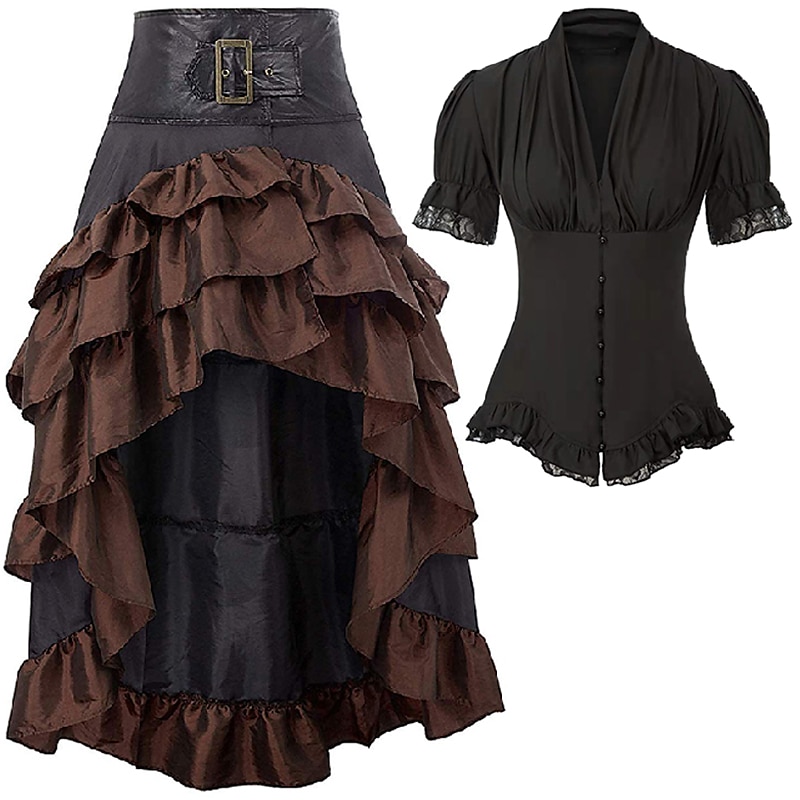 Retro Vintage Medieval Renaissance Skirt Blouse / Shirt Corset Pirate Elven Fancy Dress Women's Pirate Fantasy Steampunk Casual Daily Adults' Skirts Shirt3