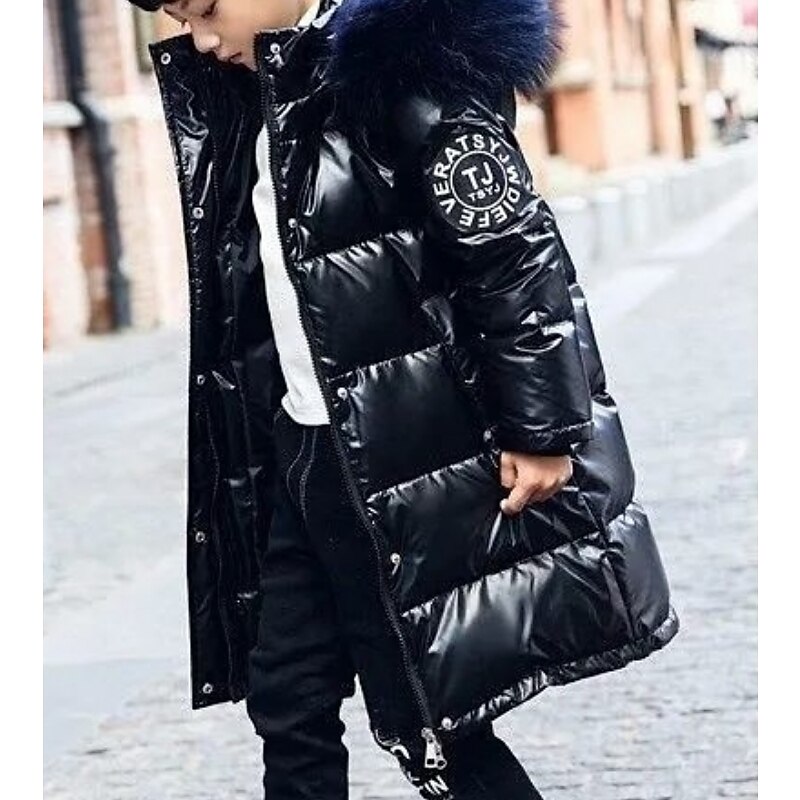 Kids Unisex Down Coat Outerwear Kids Puffer Jacket Solid Color Long Sleeve Zipper Coat Outdoor Cool Daily Black Blue Winter 7-13 Years