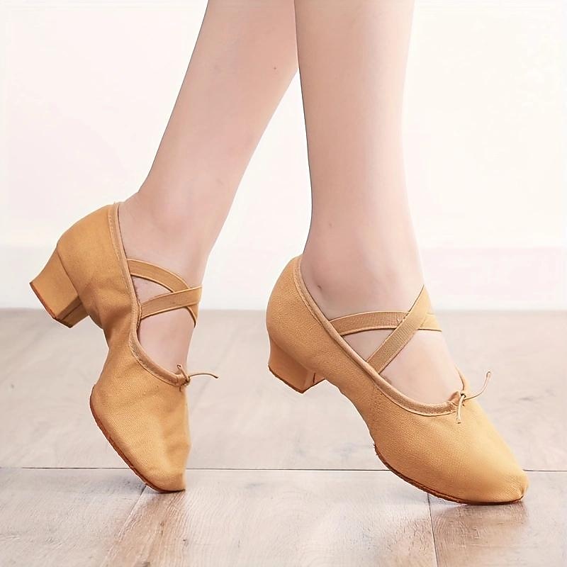 Women's Canvas Ballet Shoes, Low Heel Dance Training Shoes with Suede Sole for Comfortable Practice