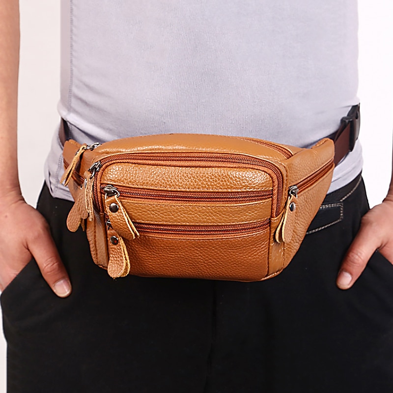 Men's Black Leather Waist Bag with Multiple Zippered Pockets - Stylish and Functional Fanny Pack for Travel and Everyday Use3