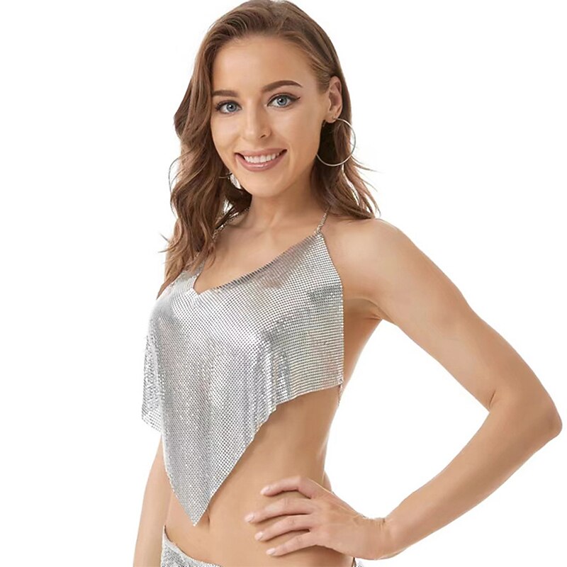 Metallic Backless Sparkle Camisole Body Chain Crop Tank Top Disco Solid Color Deep V Fancy Dress Women's Carnival Party Club Tank Top3