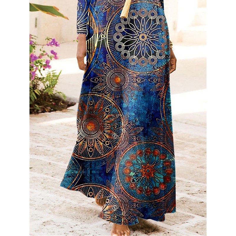 Women's Maxi Dress Vintage Bohemian A Line Dress Crew Neck Long Sleeve Casual Dress Winter Dress Swing Dress Outdoor Daily Date Regular Fit Floral Blue Fall Winter3