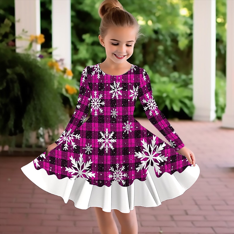 Girls' 3D Plaid Snowflake Dress Long Sleeve 3D Print Fall Winter Vacation Sports & Outdoor Daily Cute Casual Beautiful Kids 3-12 Years Casual Dress A Line Dress Above Knee Regular Fit4