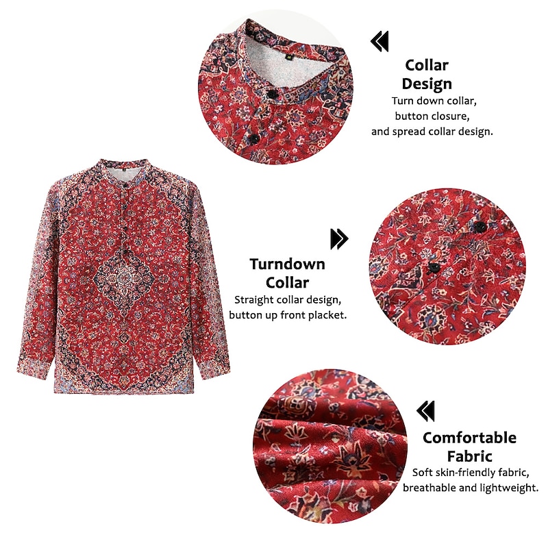 Men's Floral Vintage Shirt Linen Shirt Button Up Shirt Long Sleeve Fashion Streetwear Designer Outdoor Daily Summer Spring Fall Stand Collar Print Black+Black Yellow Wine Navy Blue Blue2