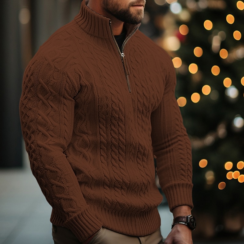Men's Christmas Sweaters Pullover Sweater Jumper Cable Knit Regular Tops Knitted Quarter Zip Plain Stand Collar Modern Contemporary Xmas Work Clothing Apparel Winter Black White M L XL4