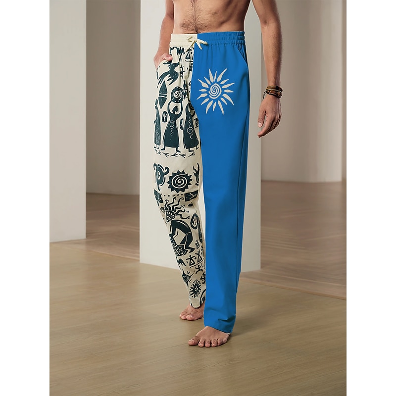 Men's Ethnic Linen Pants Trousers Summer Pants Mid Waist Vintage Ethnic Style Casual Daily Holiday Drawstring Elastic Waist 3D Print Spring & Summer 3D Print Black Blue Khaki2