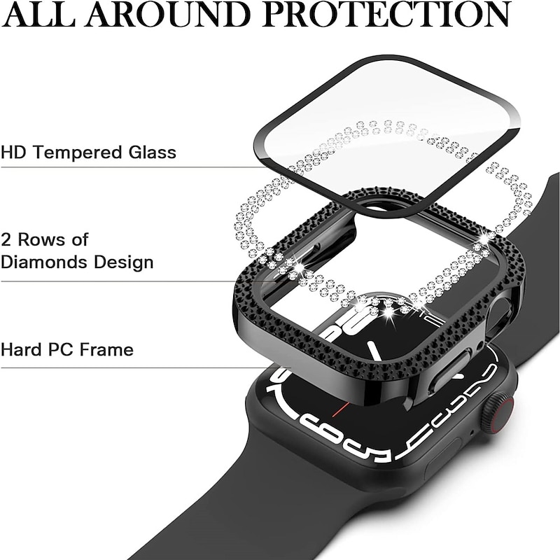 2 Pack Watch Case with Screen Protector Compatible with Apple Watch Series 8 7 41mm 45mm / Series 6 5 4 SE 40mm 44mm / Series 3 2 1 38mm 42mm Scratch Resistant Bling Diamond HD Clear Tempered Glass2