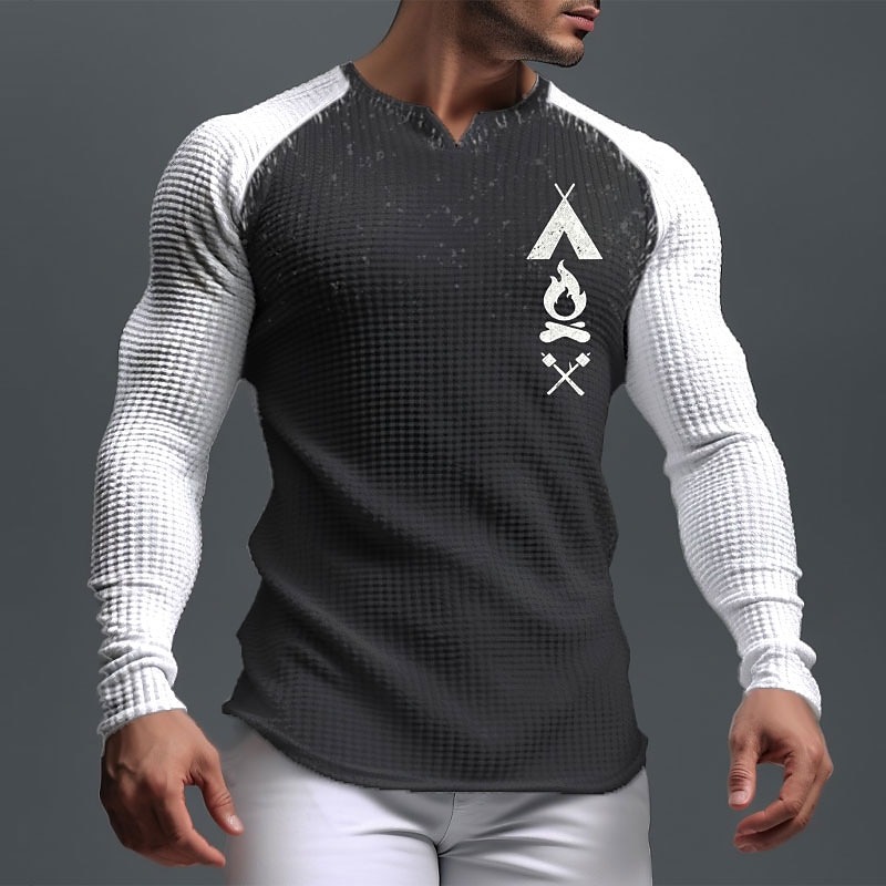 Men's Graphic Flame Waffle Shirt T Shirt Raglan T Shirt Long Sleeve T shirt 3D Print V Neck Shirt Sports Daily Casual Sports Outdoor Holiday Going out Black White Navy Blue Spring &  Fall Clothing