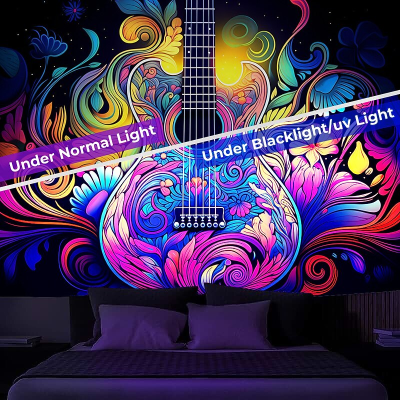Blacklight Tapestry UV Reactive Glow in the Dark Glow Party Neon Trippy Misty Guitar Rock Hanging Tapestry Wall Art Mural for Living Room Bedroom4