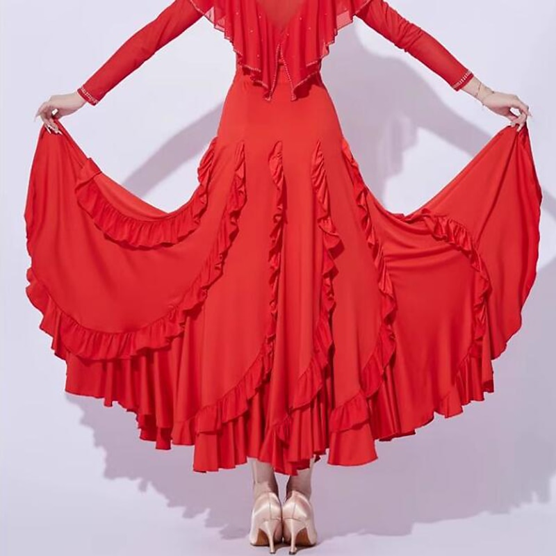 Ballroom Dance Skirts Ruffles Pure Color Splicing Women's Performance Training Milk Fiber2