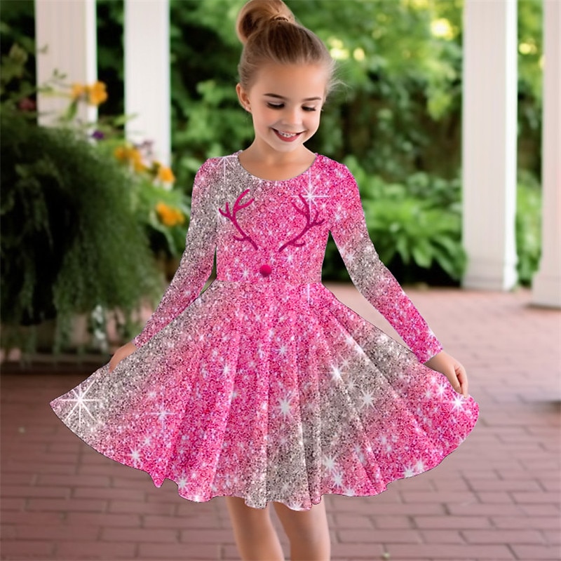 Girls' 3D Elk Dress Pink Long Sleeve 3D Print Fall Winter Vacation Sports & Outdoor Daily Cute Casual Beautiful Kids 3-12 Years Casual Dress A Line Dress Above Knee Regular Fit2