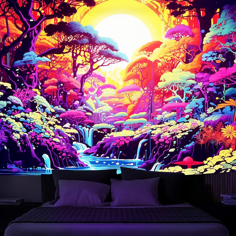 Blacklight Tapestry UV Reactive Glow in the Dark Glow Party Neon Trippy Misty Forest Mushroom Hanging Tapestry Wall Art Mural for Living Room Bedroom4