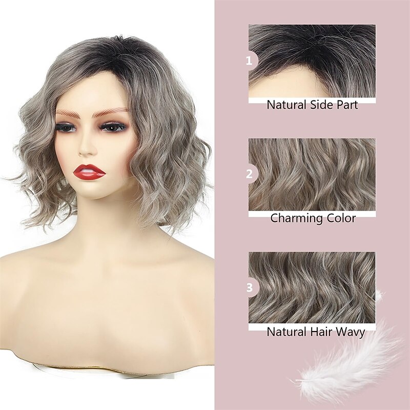 Short Wavy Wig Ombre Grey Mixed Brown Curly Bob Wigs for Women Chin Length Gray Layered Wavy Bob Wig with Dark Roots Natural Looking Synthetic Wigs for Ladies Daily Cosplay Hair Wig2