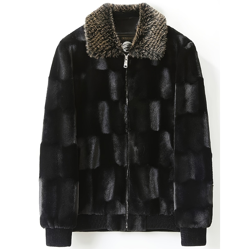 Men's Winter Jacket Faux Fur Outdoor Vacation Warm Fall Winter Plain Fashion Streetwear Lapel Regular Black Jacket4