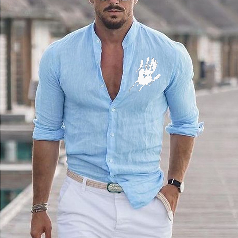 Men's Shirt Hand Outdoor Vacation Black White Red Blue Long Sleeve Stand Collar Spring &  Fall Clothing Apparel Print2
