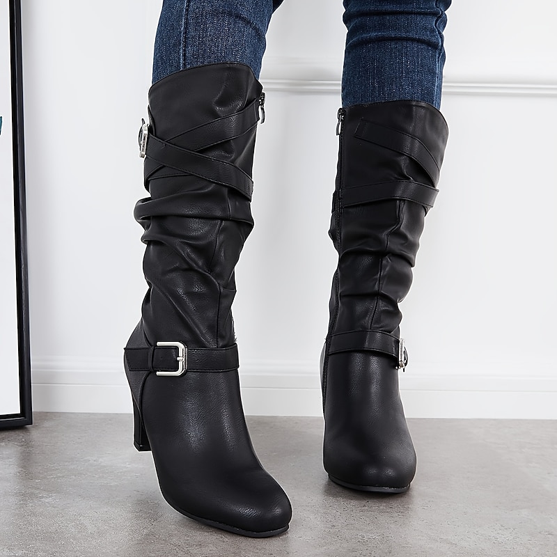 Women's Mid-Calf Slouch Boots with Buckle Straps and Block Heel, Stylish Casual Footwear for Fall and Winter Outfits2
