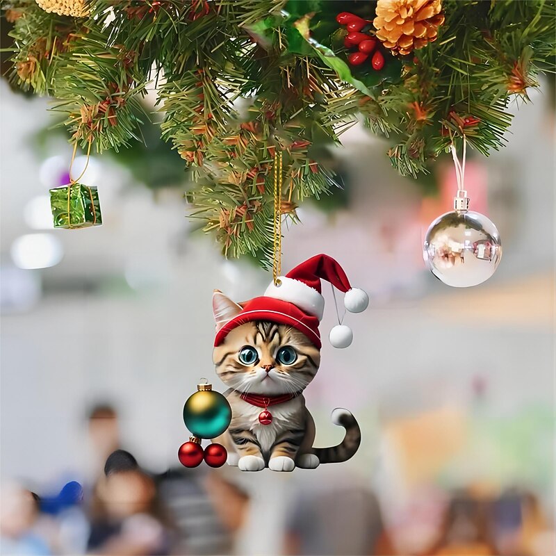 Christmas Tree Ornaments Cat Hanging 2D Acrylic Decorations Cute Cat Christmas Ornament 2025 New Cat Crafts Hanging Ornament New Year Festive Party Supplies Room Hanging Decor4