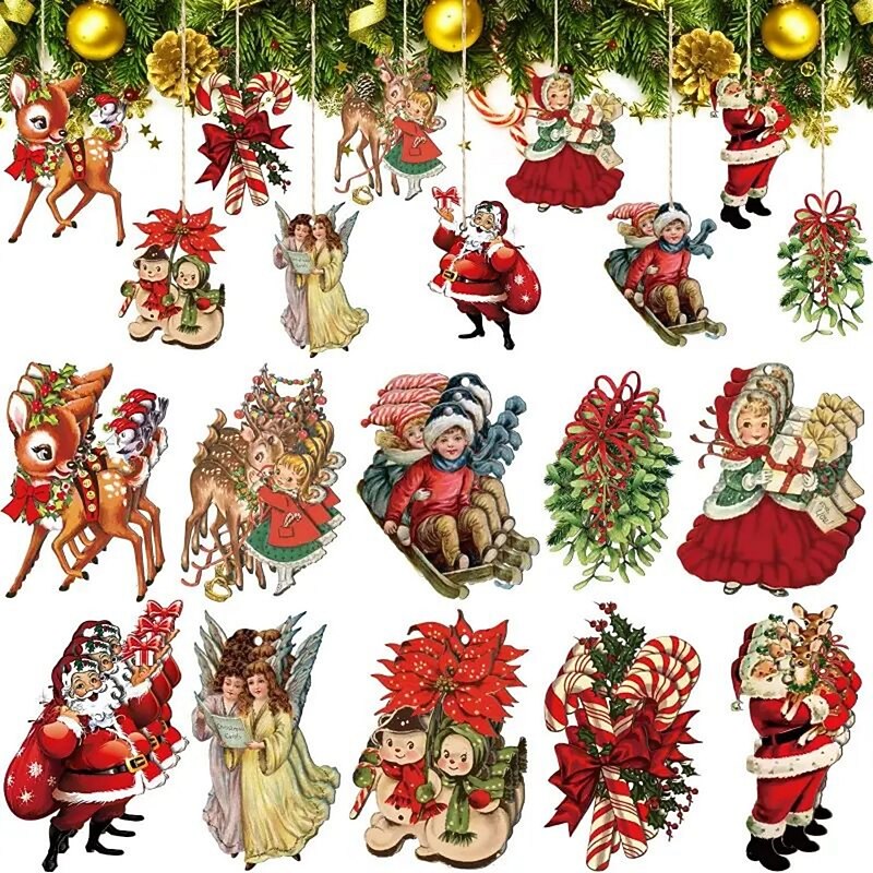20pcs Christmas Tree Ornaments Xmas Wooden Santa Claus Christmas Crutches Green Garland Hanging Decoration Pendant For Outdoor Festival Party Gift (with Rope)